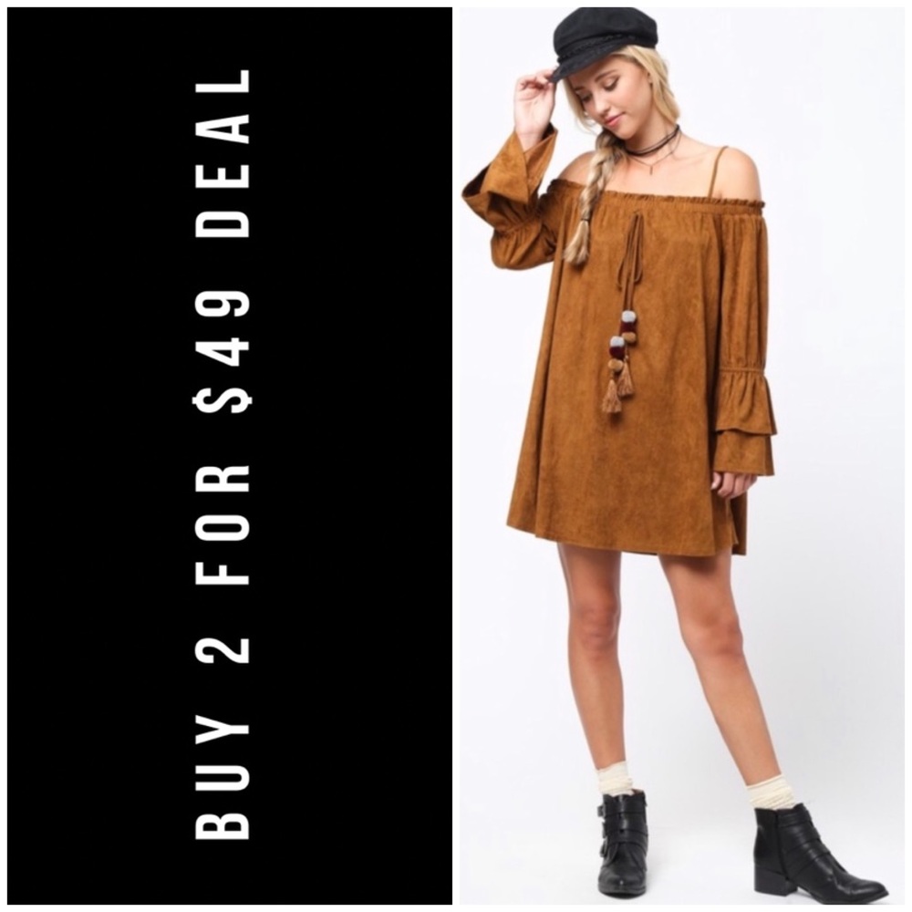 ❄️CAMEL SUEDE OFF SHOULDER DRESS